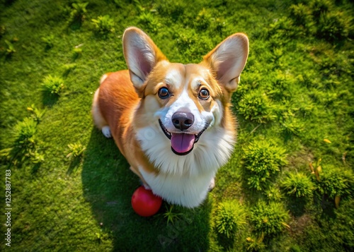 A corgi plays fetch on a bright lawn. photo