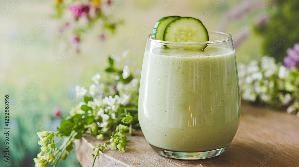 A close shot of a glass of cucumber smoothie with fresh cucumber slices on a table, set against a vibrant, soft-focus nature background, evoking freshness and healthy living. A close shot of a glass of cucumber smoothie with fresh cucumber slices on a table, set against a vibrant, soft-focus nature background, evoking freshness and healthy living.