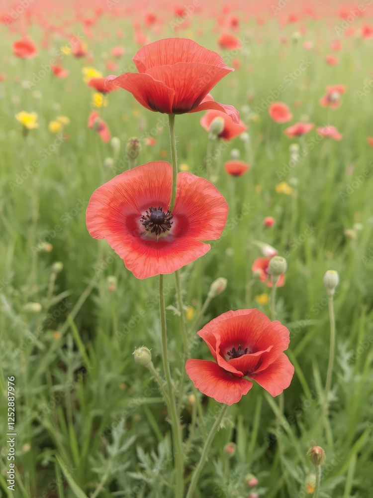 Obraz premium Vibrant red poppy flower blooming in a lush green countryside field during springtime, beauty, plant, vibrant