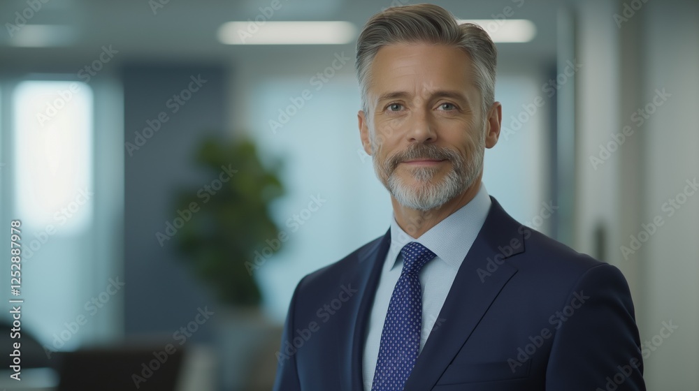 Portrait of a middle-aged man in an office setting. he is wearing a dark blue suit with a white shirt and a blue tie. Portrait of a middle-aged man in an office setting. he is wearing a dark blue suit with a white shirt and a blue tie.