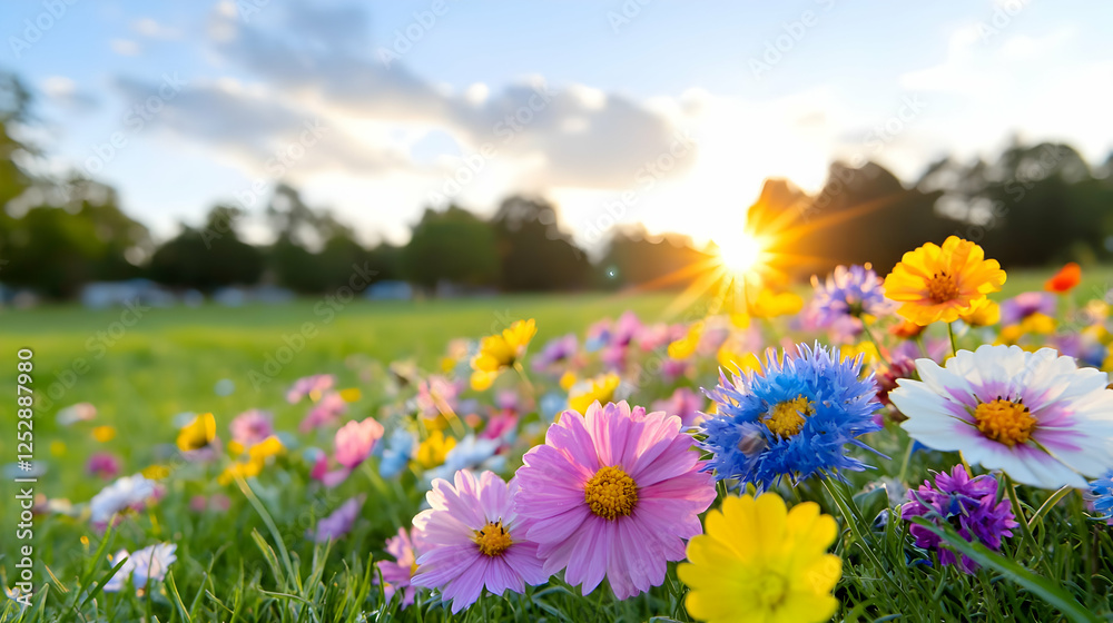 Obraz premium Sunset over wildflowers in park, nature scene
