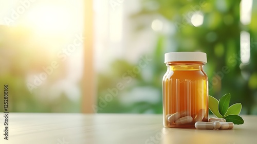 Amber Glass Bottle Of Dietary Supplements On Wooden Table With Blurred Background