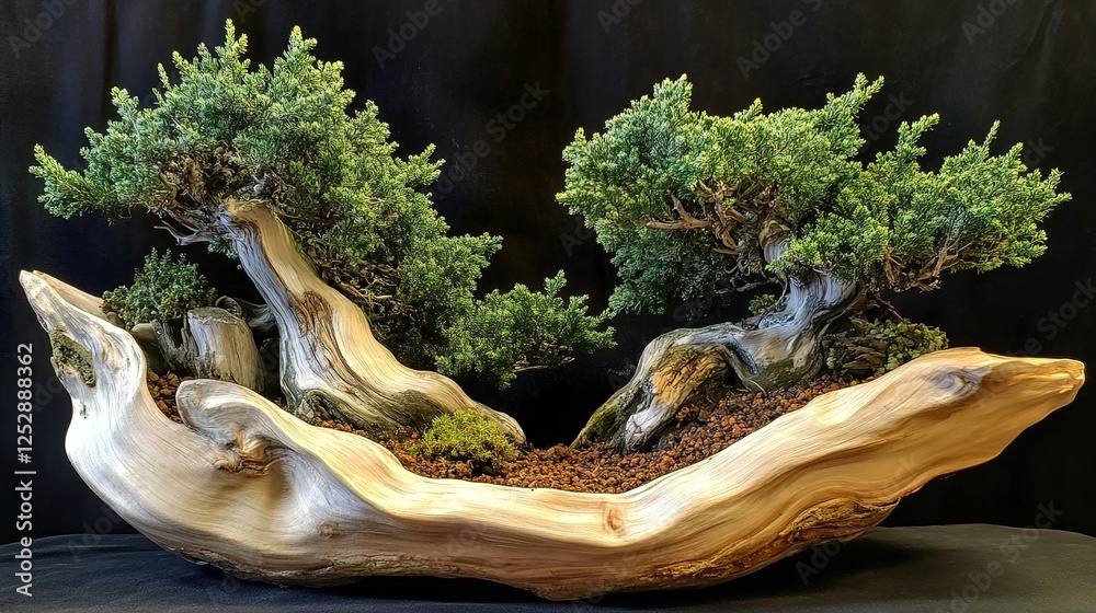 Fototapeta premium Sargent Juniper Bonsai Tree in Artisan Natural Pot. Elegant Plant Display with Traditional Craftsmanship.