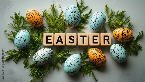 Easter design with scrabble tiles spelling EASTER, framed with pastel eggs, on white background.