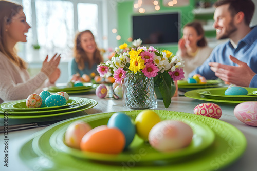 Family gathered for Easter dinner with colorful eggs, spring flowers, and cheerful moments.