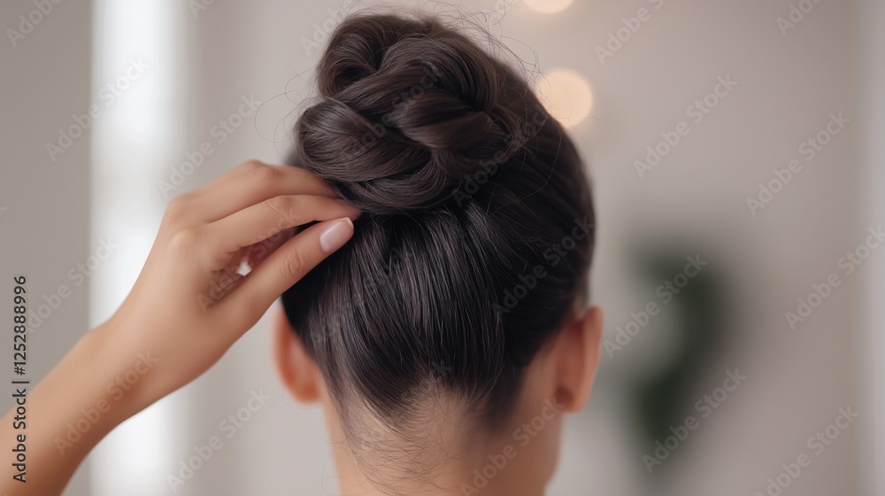 The back of a woman's head, with her hair pulled back into a high bun. the bun is secured with a small knot at the top, creating a neat and tidy appearance. The back of a woman's head, with her hair pulled back into a high bun. the bun is secured with a small knot at the top, creating a neat and tidy appearance.