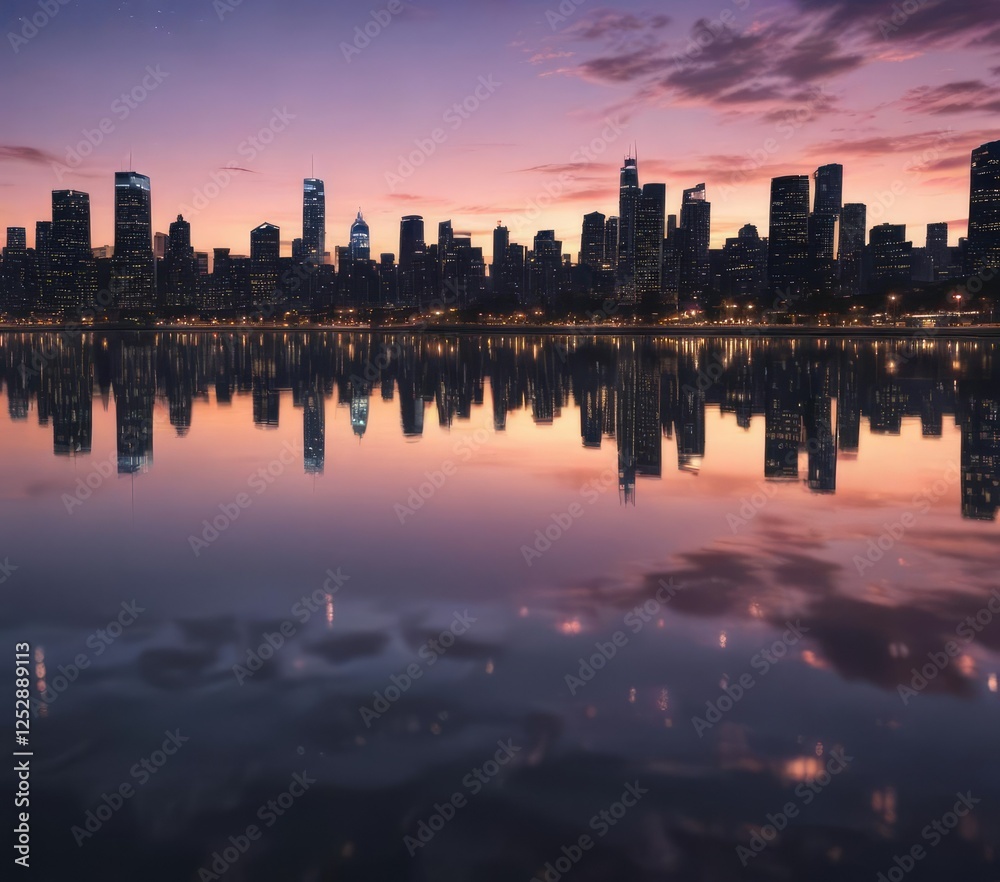 Twilight skyline reflected on glassy waterfront, dusk, reflection, twilight Twilight skyline reflected on glassy waterfront, dusk, reflection, twilight