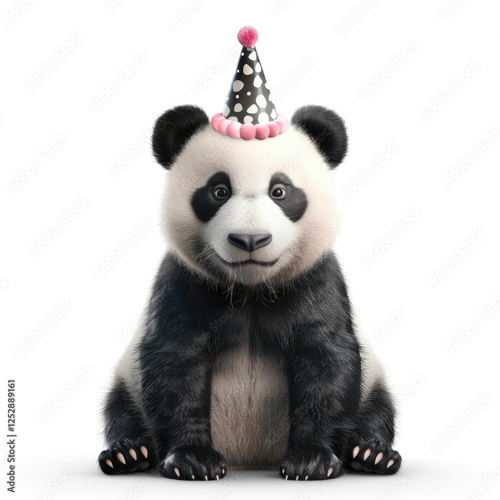 Naklejka premium Cute panda wearing a party hat, ready to celebrate in a joyful setting.