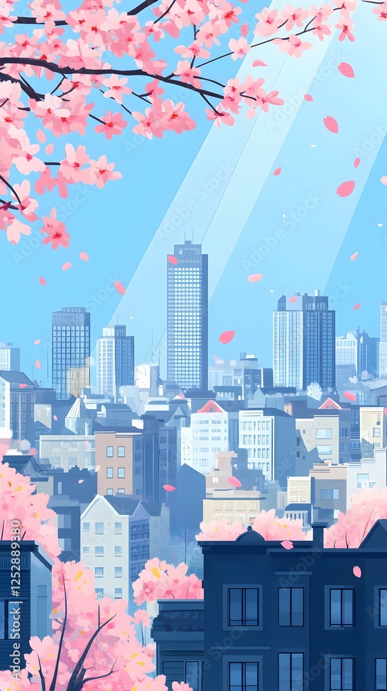 Cherry blossoms, blue sky, and city buildings in the background, in a cute style
Cherry blossoms, blue sky, and city buildings in the background, in a cute style