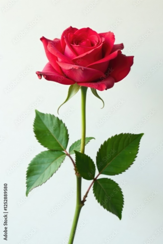 Fototapeta premium single stem of rose with attached leaves against white, natural, plant, leaf