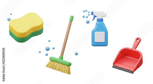 Colorful cleaning supplies: sponge, broom, spray bottle, dustpan with soap bubbles