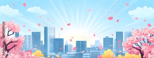 Cherry blossoms, blue sky, and city buildings in the background, in a cute style
