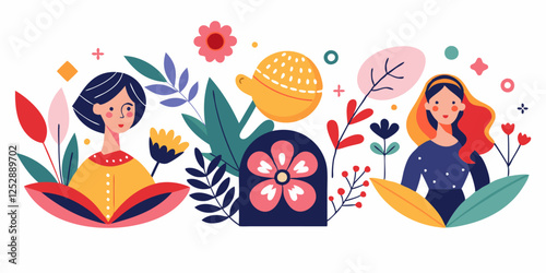 Colorful floral and people abstract design for creative projects