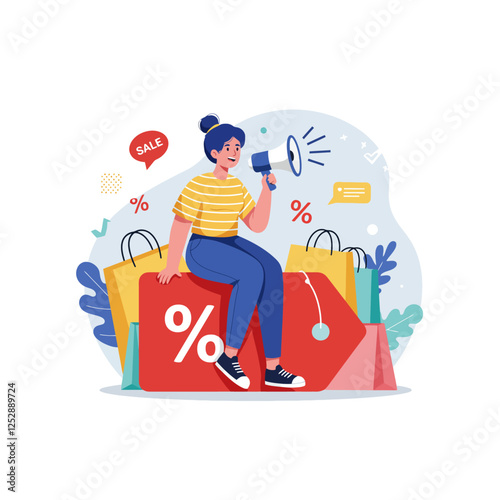Big Sale Announcement Girl with Megaphone Shopping Bags