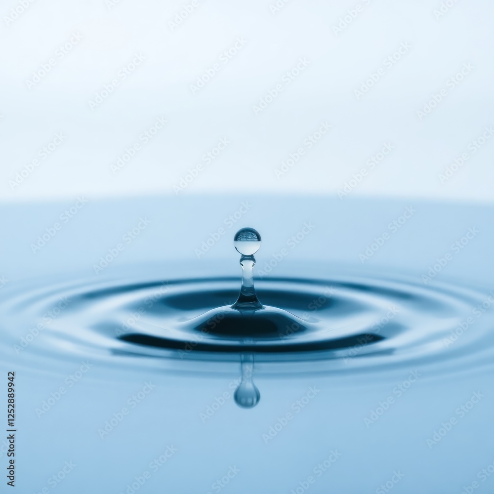 Water droplet creating ripples in a serene blue environment, showcasing tranquility and fluid dynamics Water droplet creating ripples in a serene blue environment, showcasing tranquility and fluid dynamics