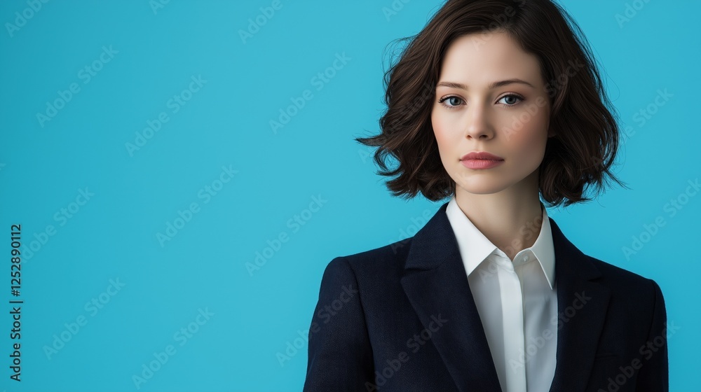 Portrait of a young woman with shoulder-length brunette hair. she is wearing a navy blue blazer and a white collared shirt. the background is a solid turquoise color. Portrait of a young woman with shoulder-length brunette hair. she is wearing a navy blue blazer and a white collared shirt. the background is a solid turquoise color.