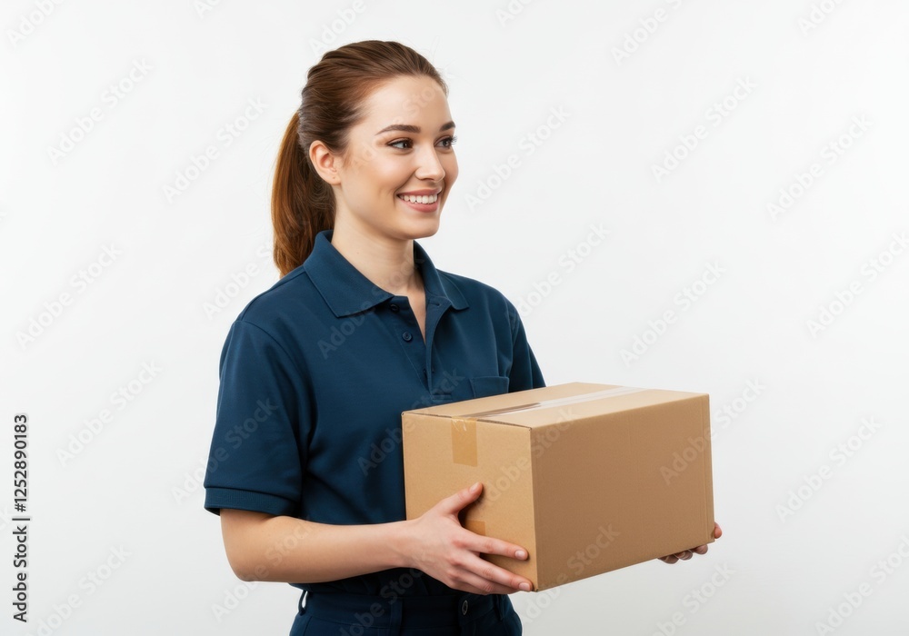 Smiling delivery worker holding box in uniform on white background Smiling delivery worker holding box in uniform on white background