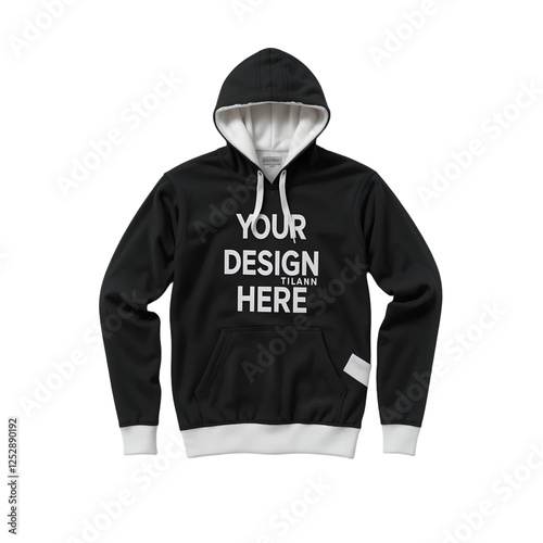 A black hoodie with a white YOUR DESIGN HERE text on the front.
