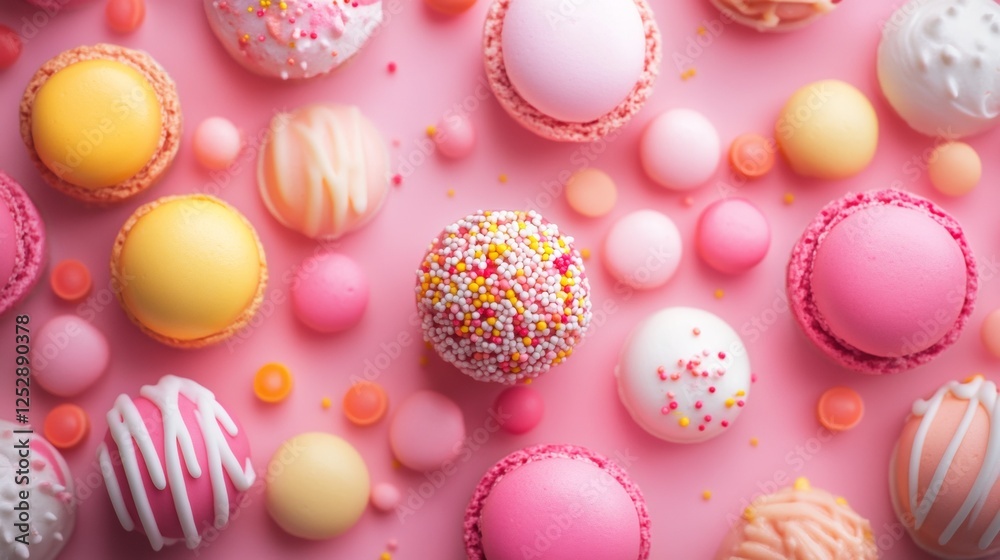 Pastel macarons and candies arranged on a pink background Pastel macarons and candies arranged on a pink background