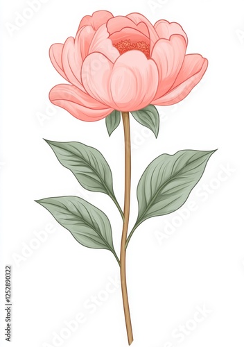 Delicate Pink Peony Illustration, Isolated on White