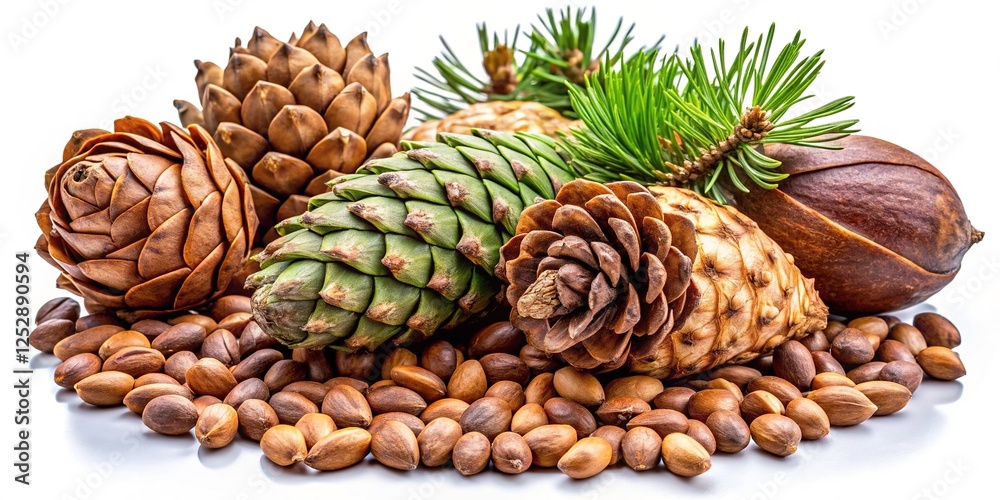 High-resolution aerial view showcasing forest products: pine seeds, nuts, and cedar cones. High-resolution aerial view showcasing forest products: pine seeds, nuts, and cedar cones.