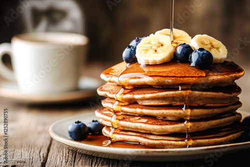 Stack of whole grain pancakes drizzled with golden syrup, topped with banana slices and blueberries, served alongside a cup of coffee. Concept of breakfast, comfort food, and indulgence.