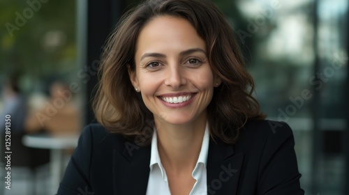Portrait of a woman with shoulder-length brunette hair, smiling at the camera. she is wearing a black blazer and a white blouse, and her hair is styled in loose curls.