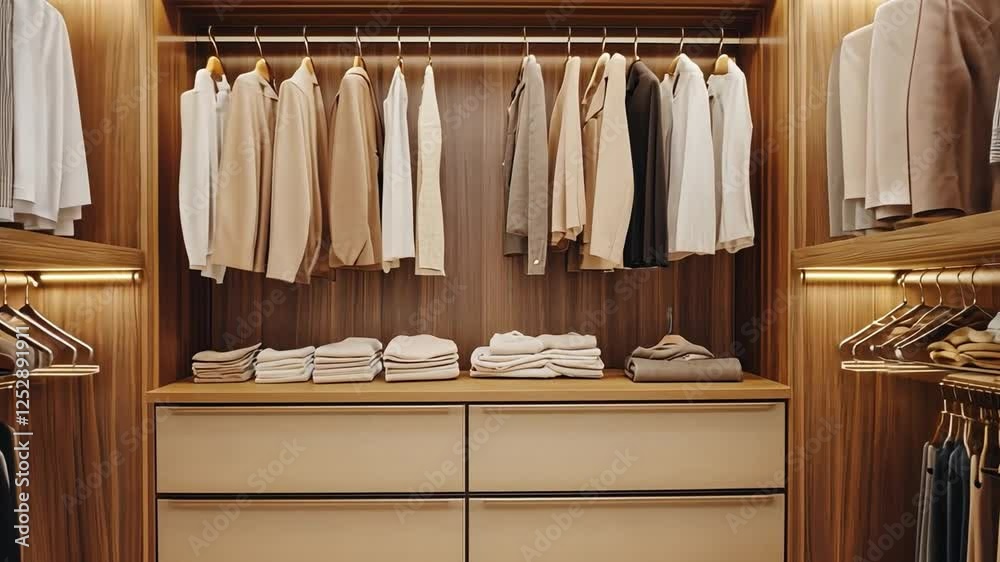 Organized Luxury: A well-lit walk-in closet showcasing sleek wooden cabinetry, a curated selection of clothing, and an array of soft towels, exuding a sense of refined organization and personal style.