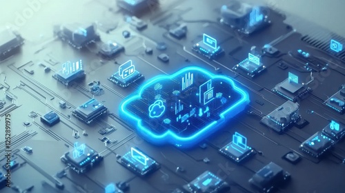 Futuristic Cloud Technology with Digital Icons on Circuit Board Background