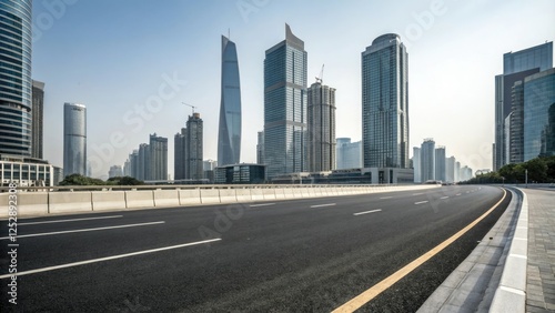 Wide asphalt road stretching through a modern cityscape with sleek skyscrapers and glass towers in the background, cityscape, urban architecture, concrete highway, modern city, highway