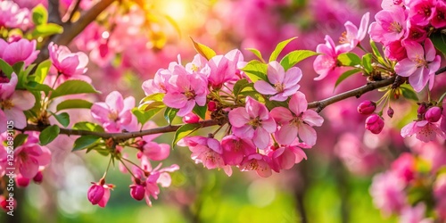 Blooming Garden Tree Detail: Pink Flowers & Lush Green Leaves - Spring Nature Stock Photo