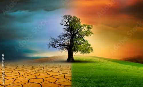Baum in einer imaginären landschaft im Klimawandel von Dürre zu Grünem Wachstum
