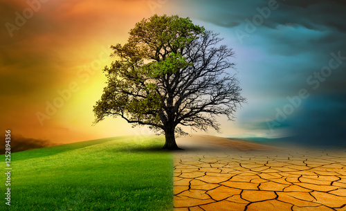 Baum in einer imaginären landschaft im Klimawandel von Dürre zu Grünem Wachstum