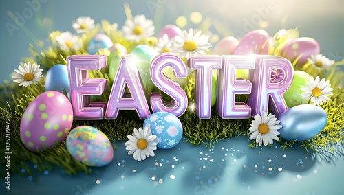 Glossy EASTER Banner with Candy-Style Text and Spring Meadow photo