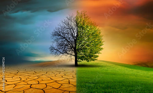 Baum in einer imaginären landschaft im Klimawandel von Dürre zu Grünem Wachstum