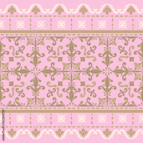 Exquisitely Detailed of Gold and Beige Embroidery on Pink background. Luxury Sweet Rich Border design Pattern with prominent fleur-de-lis filigree. Elaborate Seamless Vector for Haute Couture Decorate