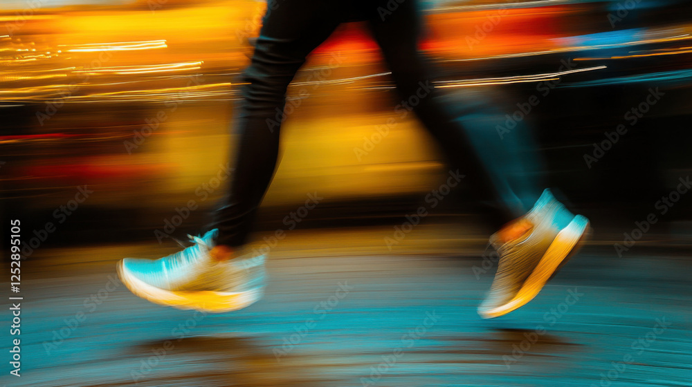 Fototapeta premium Blurry leg in running sneakers captures dynamic movement during a jog on a forest trail