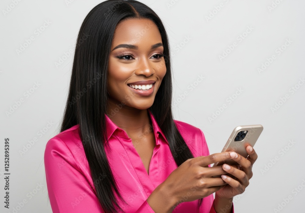 Smiling woman in pink shirt using smartphone against light background Smiling woman in pink shirt using smartphone against light background
