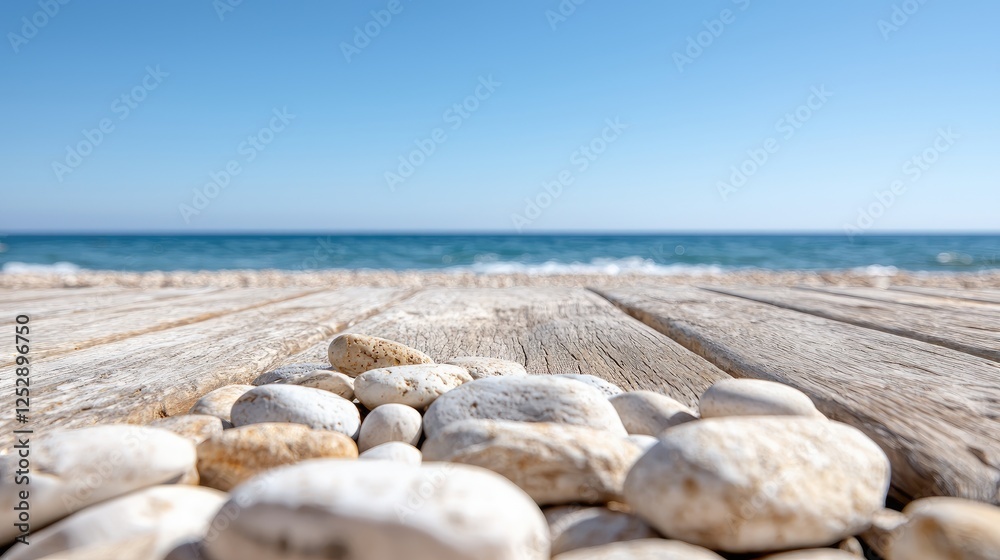 Beach pebbles on weathered wood, ocean backdrop, summer vacation Beach pebbles on weathered wood, ocean backdrop, summer vacation