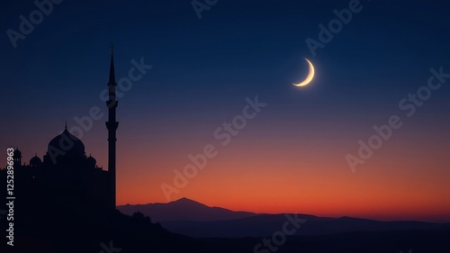 Mosque Silhouette under a Crescent Moon with Starry Sky at Night