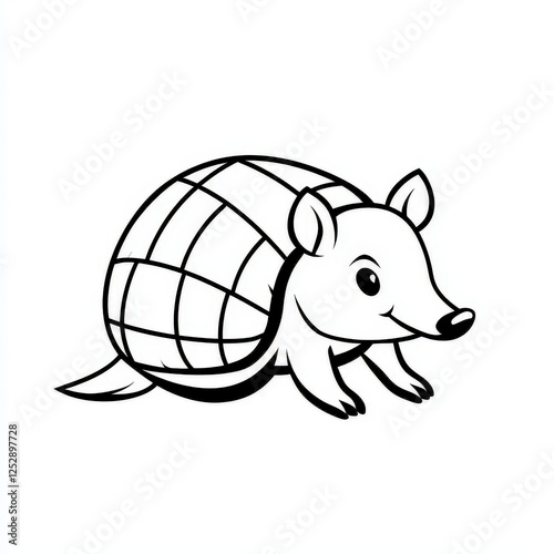 Black and white drawing of a small armadillo curled up in a peaceful position on a blank background photo