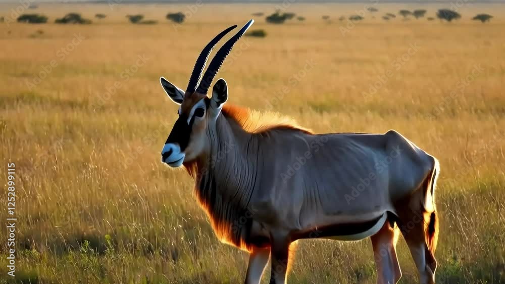 A majestic portrait of an eland antelope grazing in the grasslands at dawn, with the warm hues of the morning sun casting a golden glow.
A majestic portrait of an eland antelope grazing in the grasslands at dawn, with the warm hues of the morning sun casting a golden glow.