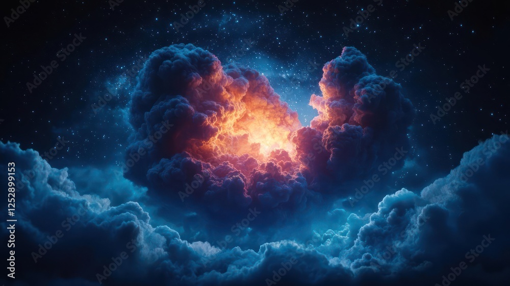 Fototapeta premium Dramatic Night Sky With Illuminated Clouds And Stars