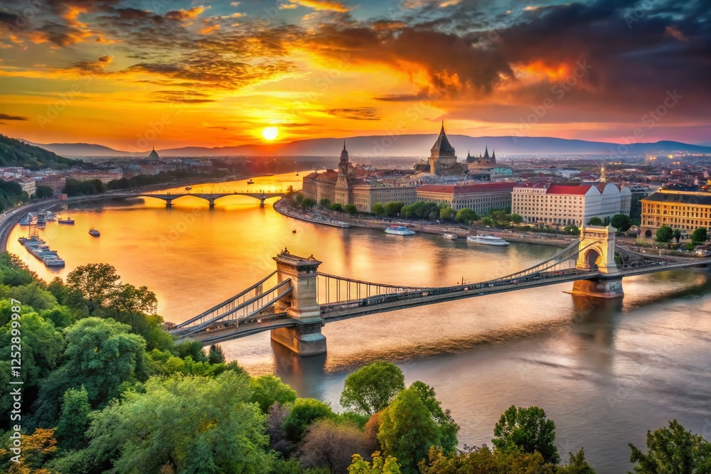 Obraz premium Budapest Sunrise: Chain Bridge & Danube River Skyline
