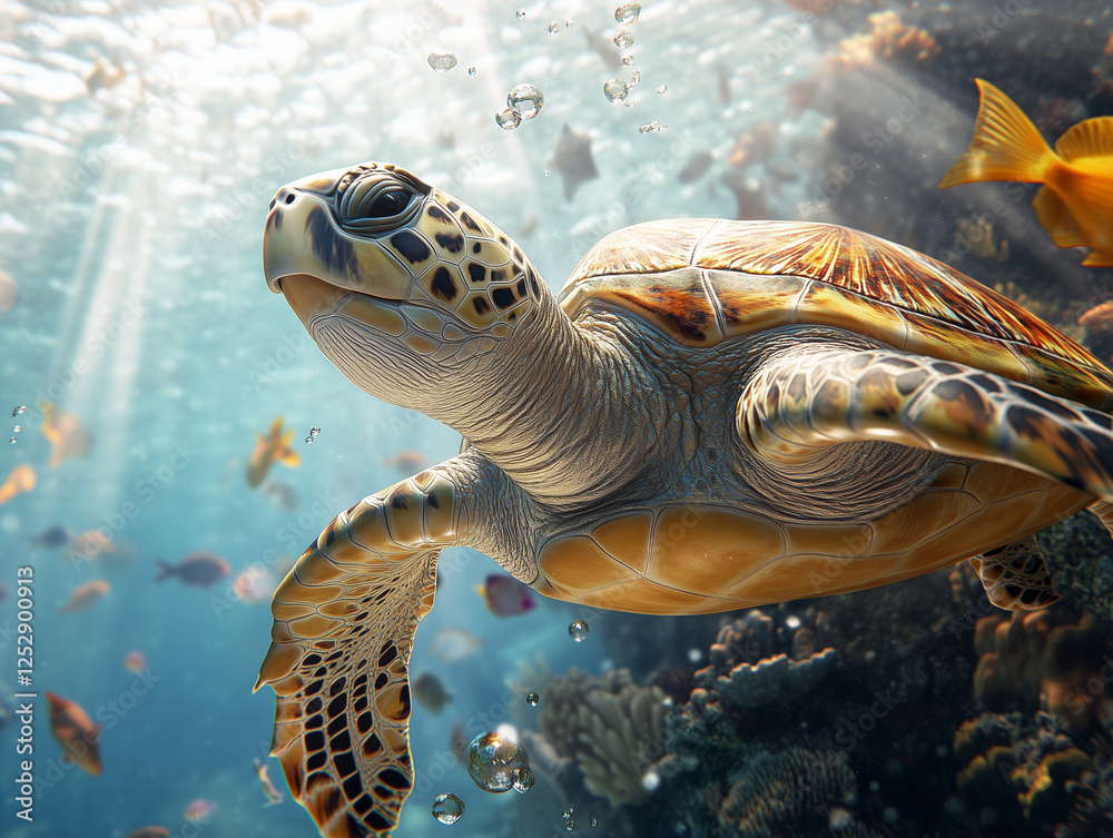 Fototapeta premium underwater scene featuring a sea turtle near a vibrant coral reef, with clownfish swimming among swaying sea anemones. 