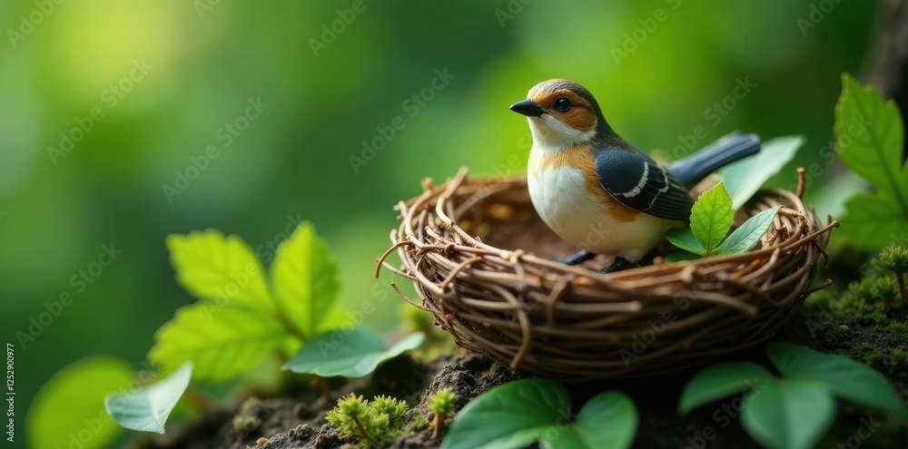 Fototapeta premium A small bird perched in a woven nest nestled amongst vibrant green foliage, symbolizing new life and springtime tranquility