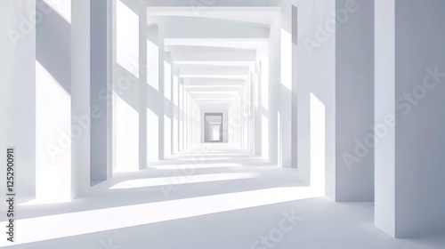 Empty, white, sunlit hallway, perspective, minimalist, architectural, interior design