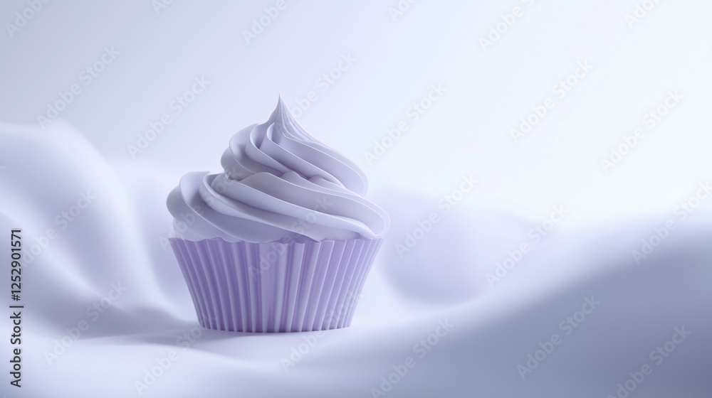 3d rendering of a cupcake. the cupcake is in the center of the image and is placed on a white surface. it has a light purple color and is covered in a swirl of white frosting. 3d rendering of a cupcake. the cupcake is in the center of the image and is placed on a white surface. it has a light purple color and is covered in a swirl of white frosting.