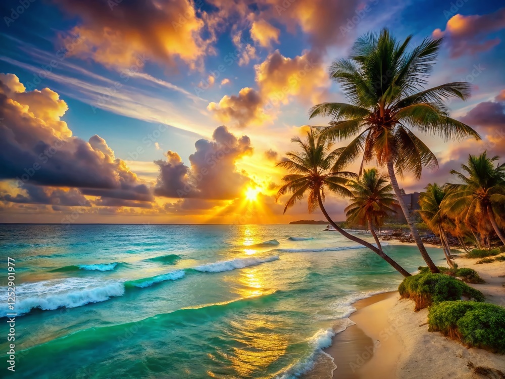 Fototapeta premium Cancun Sunrise: Golden Light, Turquoise Waters, Pristine Beach, Palm Trees