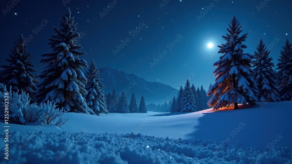 Fototapeta premium Snowy Winter Night Landscape - Stunning Scene